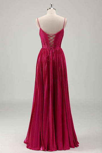 Fuchsia A Line Spaghetti Straps Corset Robe de Bal Plissée Avec Lacets Dans Le Dos